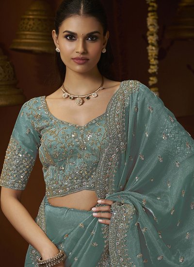 
                            Tissue Embroidered Trendy Saree in Aqua Blue Colour