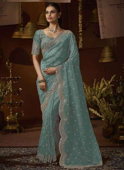Tissue Embroidered Trendy Saree in Aqua Blue Colour