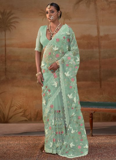 Titillating Organza Green Trendy Saree