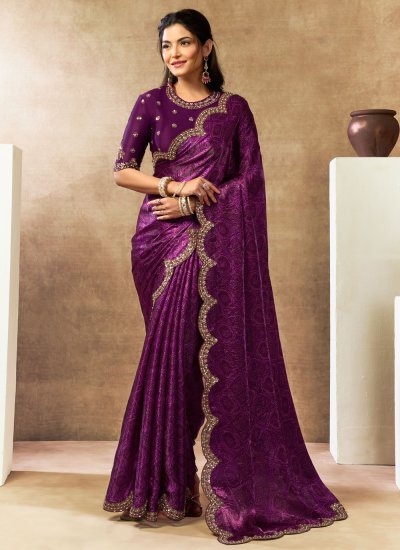 Traditional Saree Sequins Satin Silk in Wine Colour