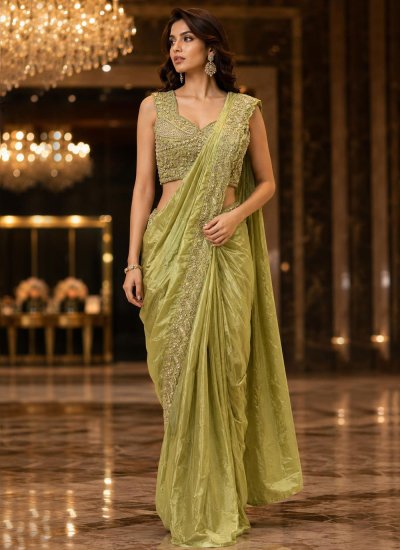 Trendy Saree Embroidered Chinon in Green Colour