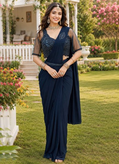 Trendy Saree Embroidered Lycra in Navy Blue