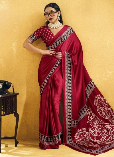 Trendy Saree Print Satin in Maroon Colour
