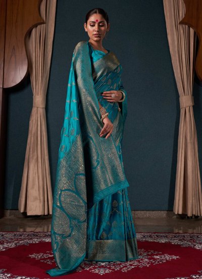 
                            Trendy Saree Weaving Satin Silk in Teal Colour