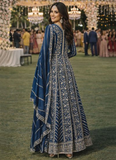 
                            Trendy Teal Chinon Designer Gown