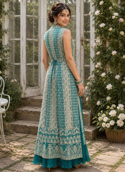 
                            Turquoise Embroidered Chinon Designer Gown