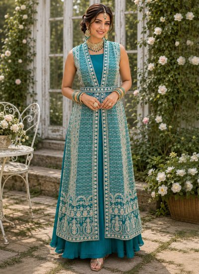 Turquoise Embroidered Chinon Designer Gown