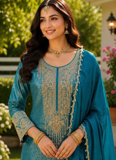 
                            Turquoise Embroidered Engagement Salwar Kameez