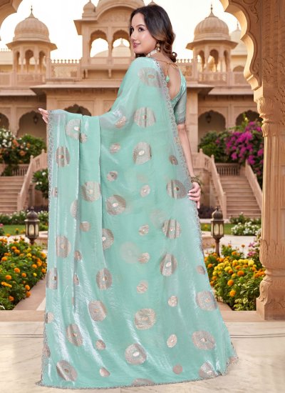 
                            Turquoise Fandy Foil Print Trendy Saree