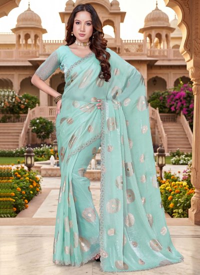 Turquoise Fandy Foil Print Trendy Saree