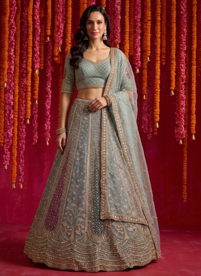 Turquoise Net Embroidered Lehenga Choli