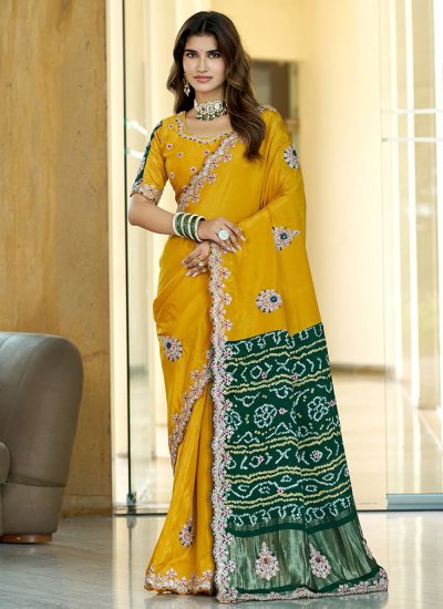 Unique Mustard Embroidered Trendy Saree