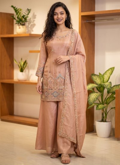 Urbane Peach Embroidered Palazzo Salwar Kameez