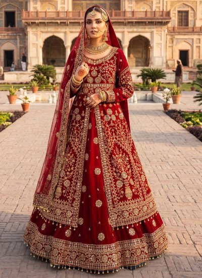 
                            Velvet Embroidered Red Readymade Lehenga Choli