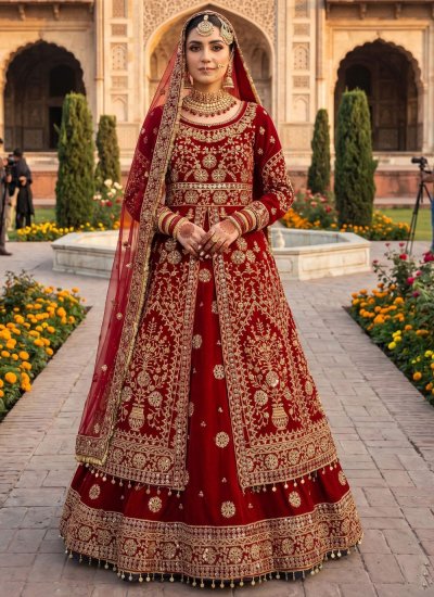 Velvet Embroidered Red Readymade Lehenga Choli