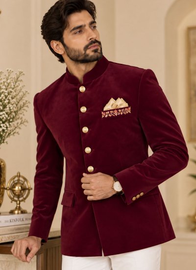 
                            Velvet Maroon Embroidered Jodhpuri Suit