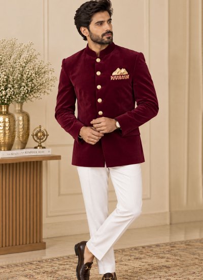 Velvet Maroon Embroidered Jodhpuri Suit