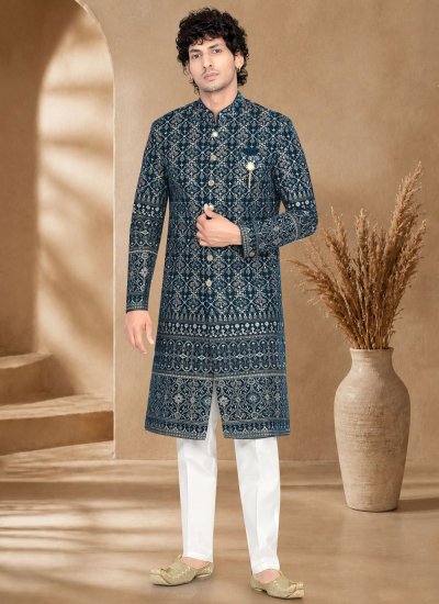 Velvet Sherwani in Blue Colour