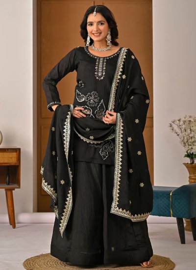 Vichitra Silk Black Embroidered Palazzo Salwar Kameez