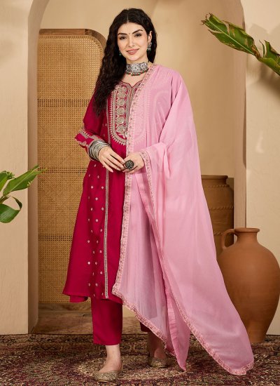 Vichitra Silk Embroidered Hot Pink Readymade Salwar Suit