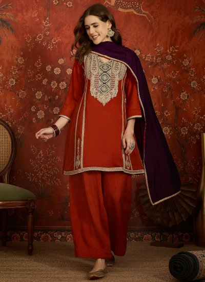 Vichitra Silk Embroidered Salwar Kameez in Orange Colour