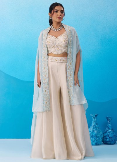 Viscose Embroidered Palazzo Salwar Kameez in Cream