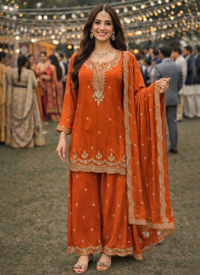Viscose Sequins Salwar Kameez in Orange