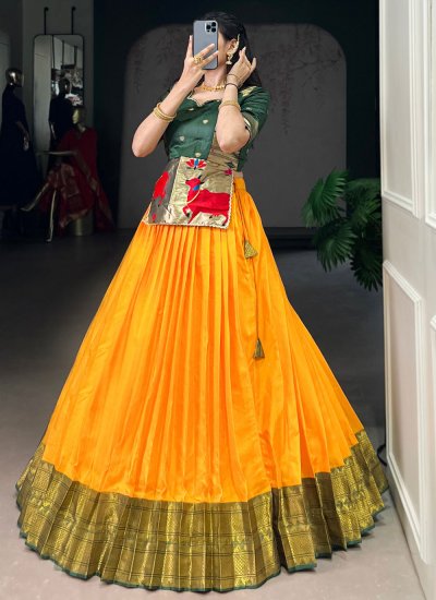 
                            Vivacious Cotton Silk Mustard Weaving Readymade Lehenga Choli