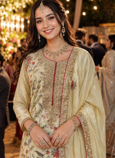 
                            Vivid Chinon Embroidered Cream Salwar Kameez