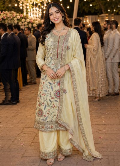 Vivid Chinon Embroidered Cream Salwar Kameez