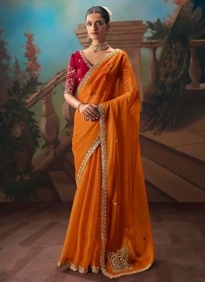 Voguish Orange Embroidered Contemporary Saree