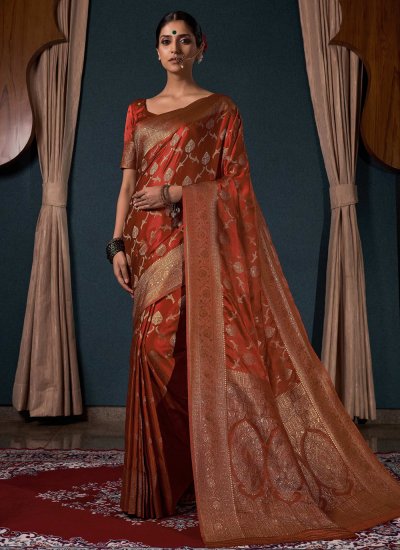 Weaving Satin Silk Contemporary Saree in Rust Colour
