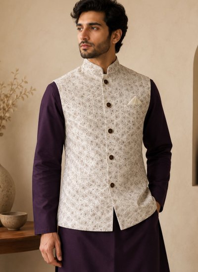 
                            White and Wine Engagement Kurta Payjama With Jacket