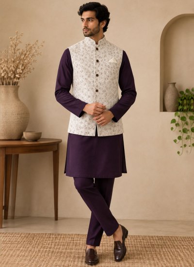 White and Wine Engagement Kurta Payjama With Jacket