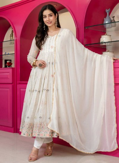 
                            White Embroidered Faux Georgette Anarkali Salwar Kameez