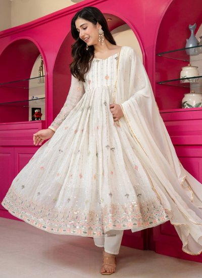 White Embroidered Faux Georgette Anarkali Salwar Kameez