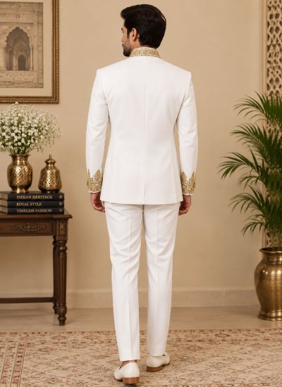 
                            White Embroidered Jodhpuri Suit