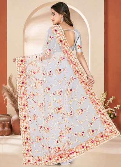 
                            White Embroidered Net Classic Saree