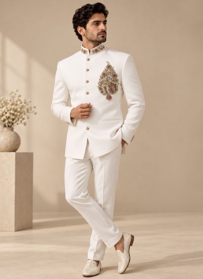 White Terry Rayon Engagement Jodhpuri Suit