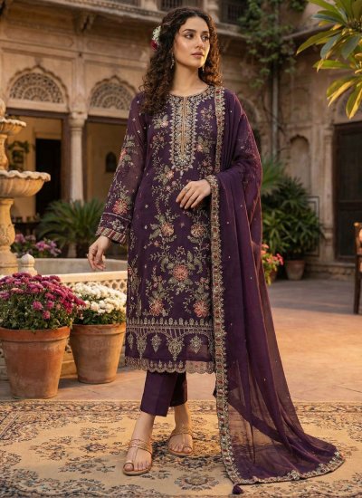 Wine Chiffon Embroidered Pant Style Suit