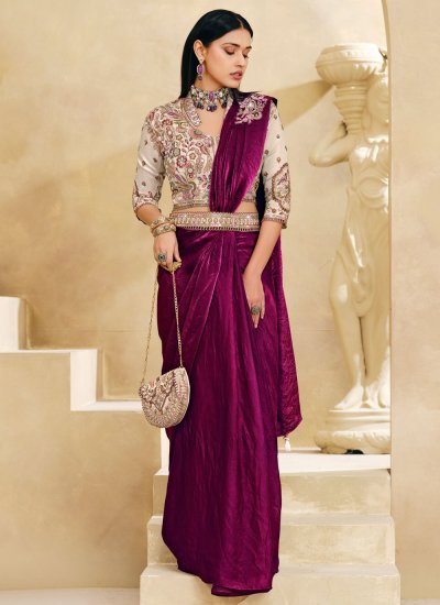 Wine Embroidered Saree