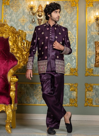 Wine Embroidered Velvet Jodhpuri Suit