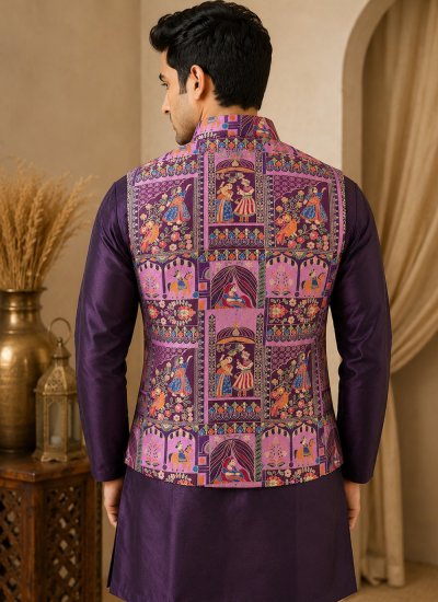 
                            Wine Silk Kurta Payjama With Jacket