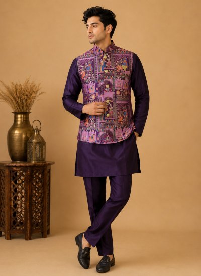 Wine Silk Kurta Payjama With Jacket