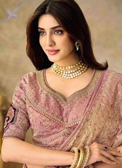 
                            Wonderous Embroidered Pink Silk Trendy Saree