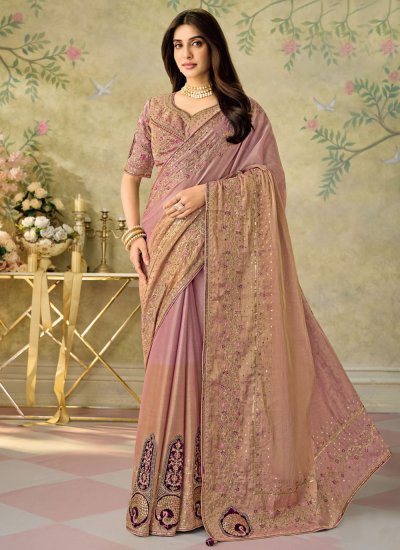 Wonderous Embroidered Pink Silk Trendy Saree