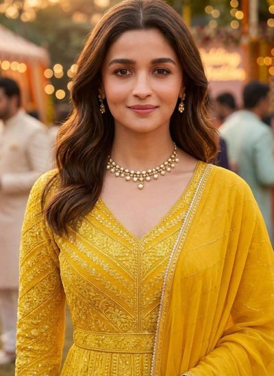 
                            Yellow Ceremonial Georgette Designer Gown