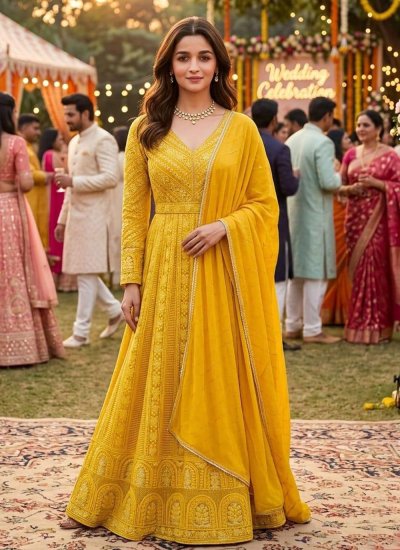 Yellow Ceremonial Georgette Designer Gown