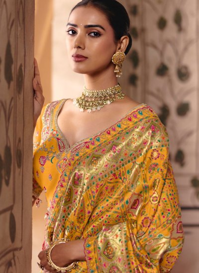 
                            Yellow Cutwork Silk Contemporary Saree