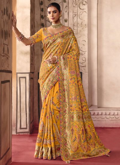 Yellow Cutwork Silk Contemporary Saree